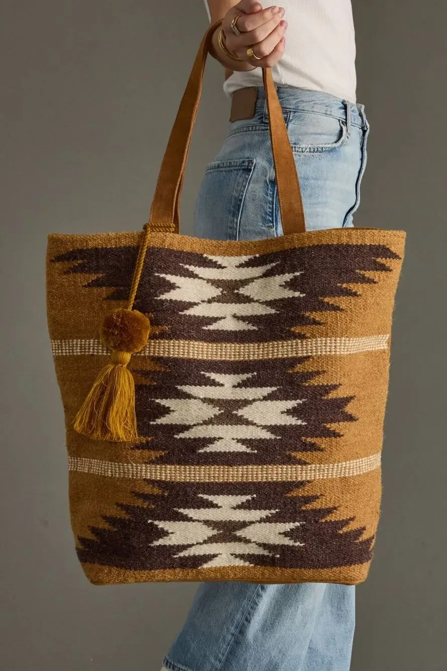 Tan, Brown & Cream Western Woven Wool Tote Bag | Boho Pom Tassel Tote